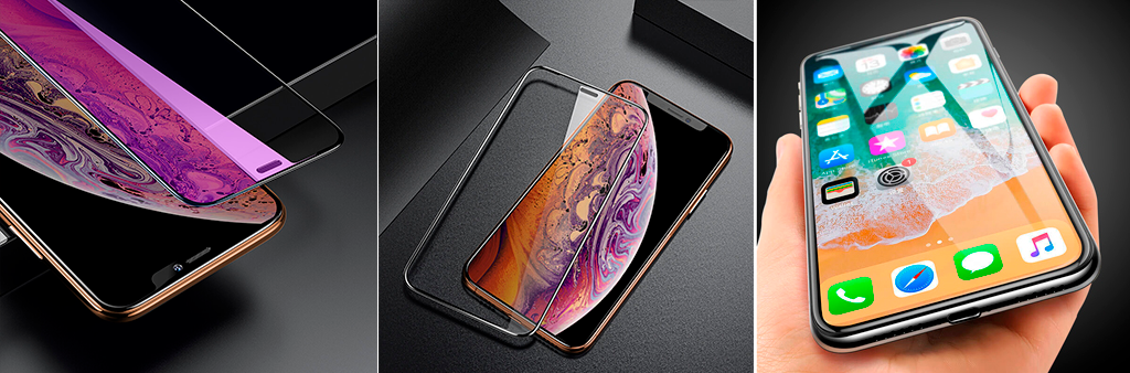 Защитное стекло Iphone XS Max 3D полностью закрывает верхнюю поверхность смартфона