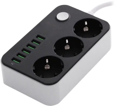 Купить Сетевой фильтр Lucky Hawk 3 Power Socket Black/Grey (CX-U613-B) (3 Розетки + 6 USB порта) 2 метра