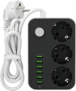 Купить Сетевой фильтр Lucky Hawk 3 Power Socket Black/Grey (CX-U613-B) (3 Розетки + 6 USB порта) 2 метра
