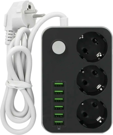 Купить Сетевой фильтр Lucky Hawk 3 Power Socket Black/Grey (CX-U613-B) (3 Розетки + 6 USB порта) 2 метра