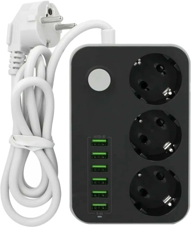 Lucky Hawk 3 Power Socket Black/Grey (CX-U613-B) (3 Розетки + 6 USB) 2m