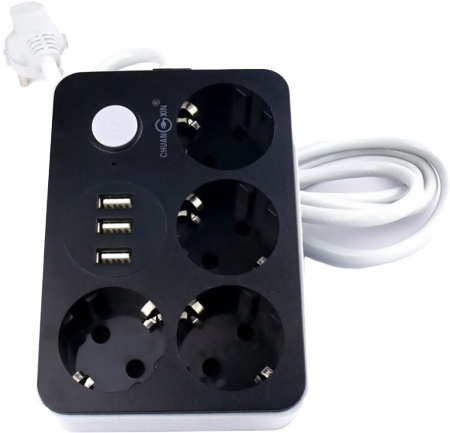 Lucky Hawk 4 Power Socket Black/Grey (CX-U314) (4 Розетки + 3 USB порта) 1.8m