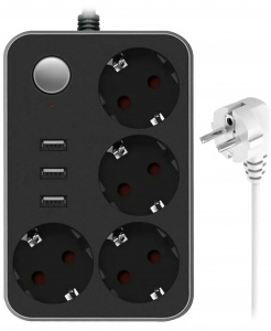 Купить Сетевой фильтр Lucky Hawk 4 Power Socket Black/Grey (CX-U314) (4 Розетки + 3 USB порта) 1.8 метра